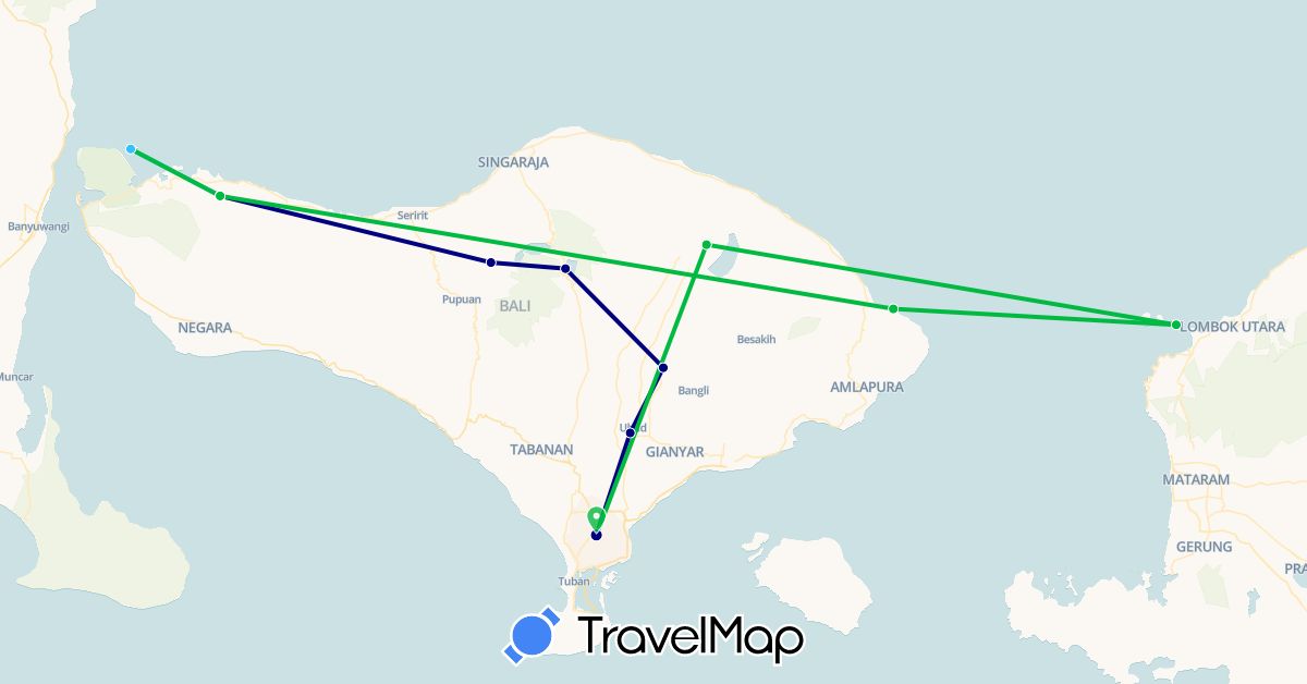 TravelMap itinerary: driving, bus, boat in Indonesia (Asia)
